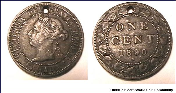 1890-H 1 Cent, Bronze, holed
