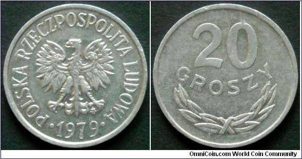 20 groszy.
1979, Aluminum.
Weight 1g.
Diameter 20mm.
Plain edge.
Mintage 45.252.000 units.