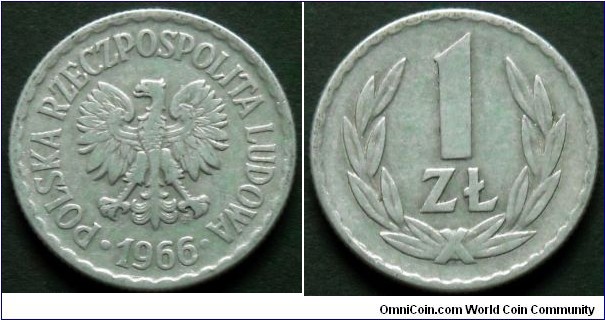 1 zloty.
1966, Aluminum.
Weight 2,12g.
Diameter 25mm.
Reeded edge.
Mintage 18.185.000 units.