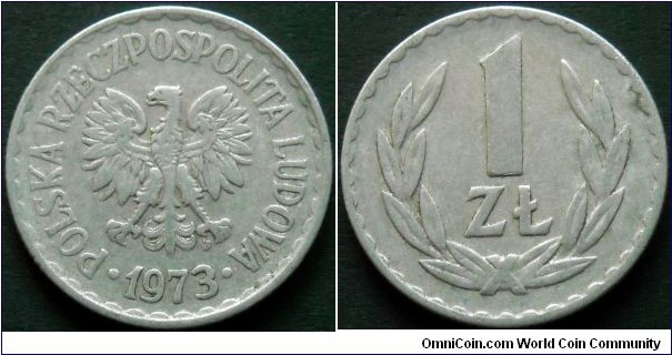 1 zloty.
1973, Aluminum.
Weight 2,12g.
Diameter 25mm.
Reeded edge.
Mintage 15.000.000 units.