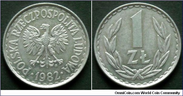 1 zloty.
1982, Aluminum.
Weight 2,12g.
Diameter 25mm.
Reeded edge.
Mintage 59.643.000 units.
