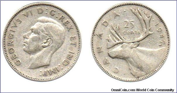 1947 maple leaf 25 cents. The maple leaf was added to the 1947 dies to denote a 1948 issue because the new tools for 1948 were not going to arrive soon enough to meet demand for coins.