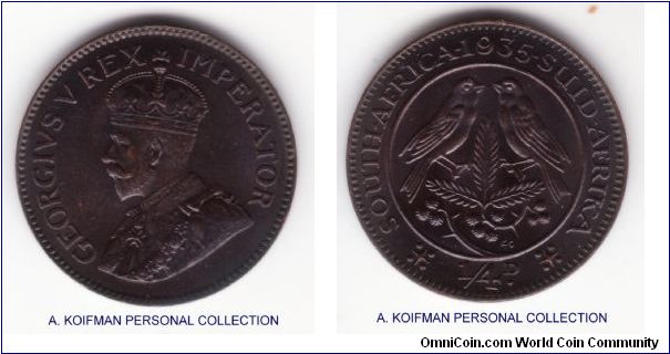 KM-12.3, 1935 South Africa farthing; bronze, plain edge; blackened, uncirculated specimen, mintage 61,000.