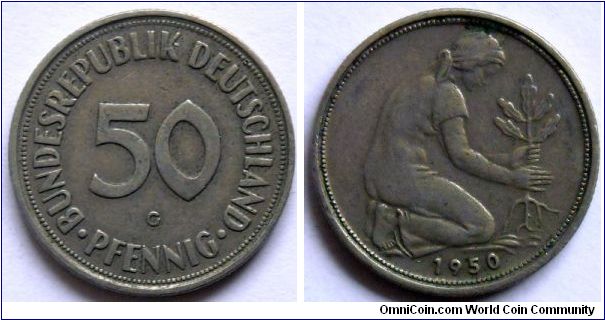 50 pfennig.
1950, Mintmark (G)
Karlsruhe