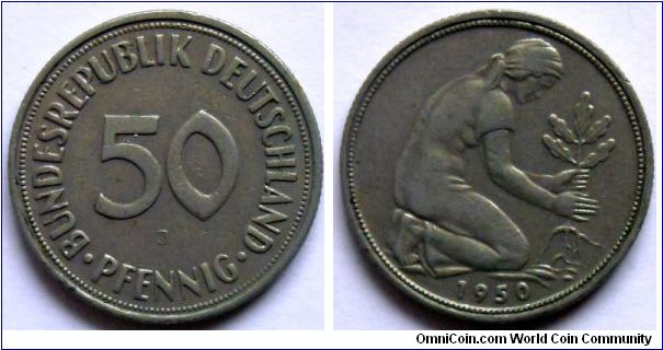 50 pfennig.
1950, Mintmark (J)
Hamburg