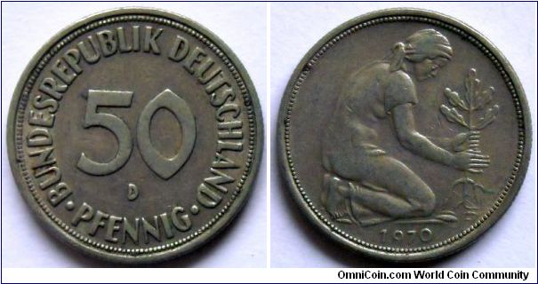 50 pfennig.
1970, Mintmark (D)
Munich