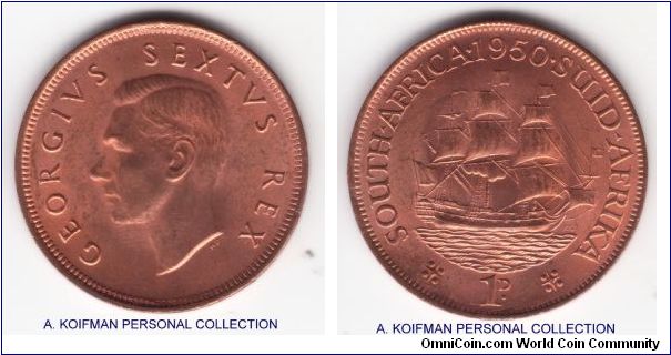 KM-34.1, 1950 South Africa penny; bronze, plain edge; really nice red with just a few hints of brown on obverse (somebody's fingerprints)