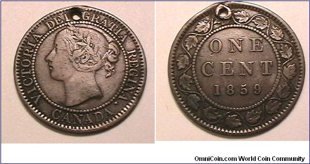 One Cent, Narrow 9, Bronze, holed