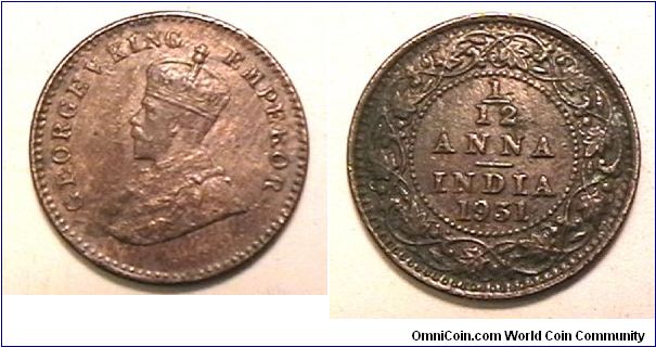 British India, 1/12 Anna, Bronze, Calcutta mint