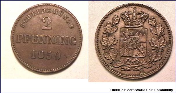 German State Bavaria, 2 Pfennig, Copper