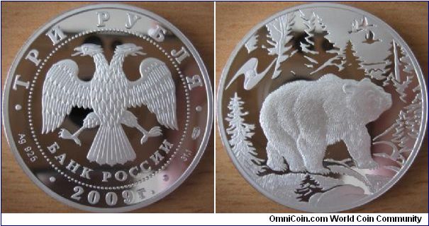 3 Rubles - Fauna of Eurasec - Brown bear - 33.94 g Ag .925 Proof - mintage 5,000