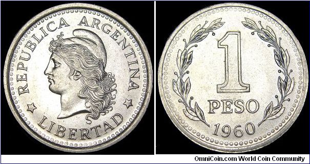 Argentina - 1 Peso - 1960 - Weight 6,5 gr - Nickel clad steel - Size 25,8 mm - President / Arturo Frondizi - Mintage 75 048 000 - Edge : Plain - Reference KM# 57