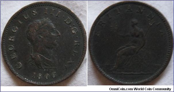 VF grade 1806 halfpenny, looks dug up but great details