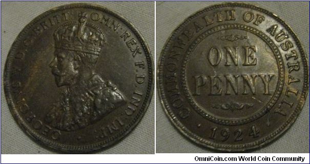 EF 1924 penny, very nice toned piece little wear
