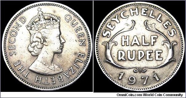 Seychelles - 1/2 Rupee - 1971 - Weight 5,9 gr - Copper / Nickel - Size 23,5 mm - Ruler / Elizabeth II - Designer / Cecil Thomas - Mintage 100 000 - Reference KM# 12