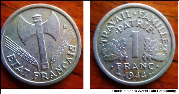 Hard to Find - 1 Franc Aluminum 1944 coin from France, very nice at VF grade, one of the rare ones