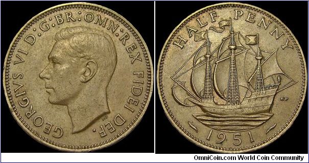 United Kingdom - 1/2 Penny - 1951 - Weight 5,7 gr - Bronze - Size 25,5 mm - Regent / George VI - Designer / T.H.Paget - Mintage 14 868 000 - Edge : Plain - Reference KM# 868