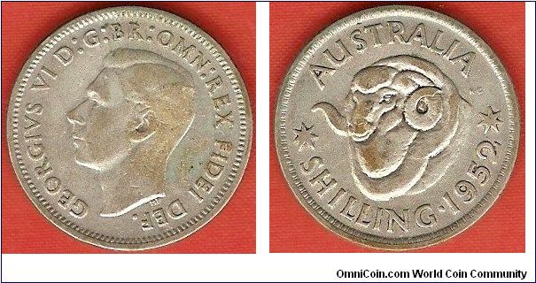 1 shilling
George VI by T.H. Paget, titles without IND.IMP. 
ram's head
0.500 silver
Melbourne Mint