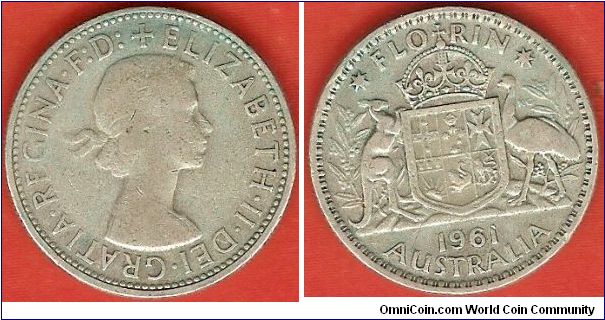 1 florin
Elizabeth II by Mary Gillick, F.D. added
national arms
0.500 silver
Melbourne Mint