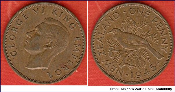 1 penny
George VI by T.H. Paget
Tui bird
bronze