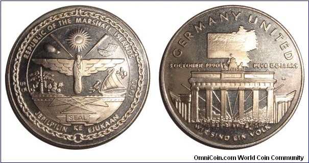MARSHALL ISLANDS~5 Dollar 1990. Germany United~October 3, 1990>