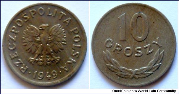 10 groszy.
1949, Cu-ni.
Weight 2g.
Diameter 17,6mm.
Plain edge.
Mintage 200.000.000 units.