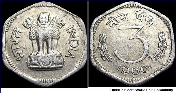 India Republic - 3 Paise - 1966 - Weight 1,2 gr - Aluminum - Size 20 mm - Mintage 390 440 000 - Edge : Plain - Shape : 6-Sided - Reference KM# 14.1