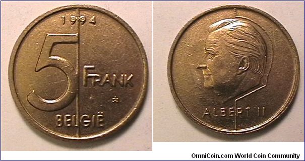 5 Francs, Alum-bronze, legend in Dutch