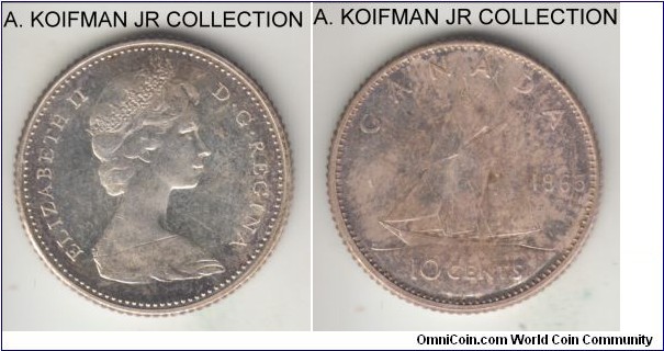 KM-61, 1965 Canada 10 cents; reeded edge, silver; Elizabeth II, proof-like, uncirculated with wild reverse toning.