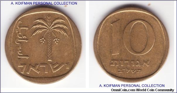 KM-26, 1972 Israel 10 agorot; aluminum bronze, plain edge; extra fine