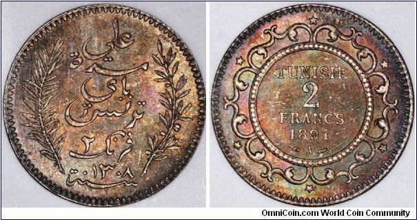 1891-A NGC MS63 TUNISIA 2 FRANCS KM-225 COLORFUL TONING