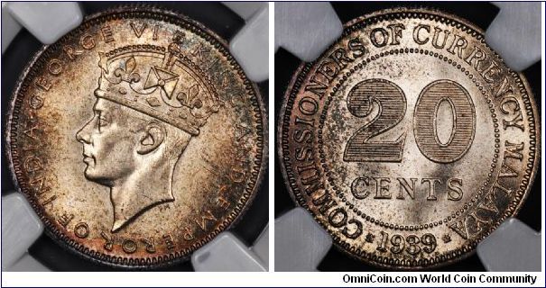 1939 NGC MS64 MALAYA 20 CENTS LUSTROUS AND TONED