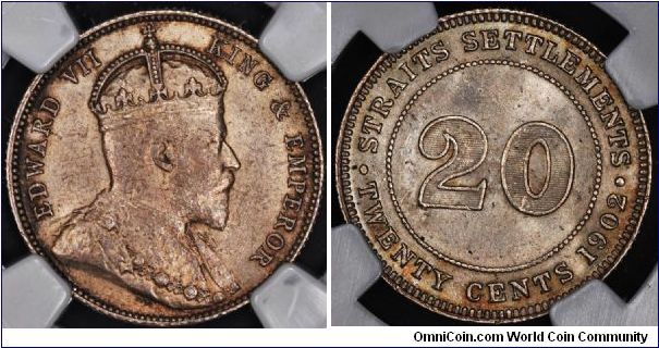 1902 NGC AU58 STRAITS SETTLEMENTS 20 CENTS