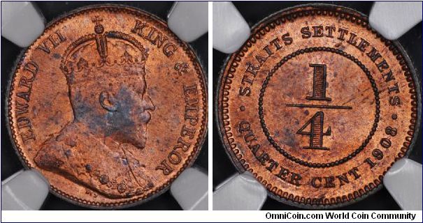 1908 NGC MS63RB STRAITS SETTLEMENTS 1/4 CENT