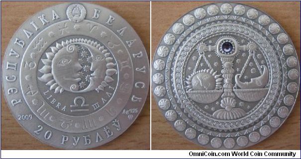 20 Ruble - Zodiac sign Libra - 28.28 g Ag .925 UNC (oxidized with one artificial crystal) - mintage 25,000