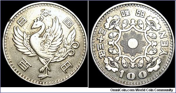 Japan - 100 Yen - 1957 - Weight 4,8 gr - Silvercoin - Ag 0,600 - 0,0926 Troy Ounce - Size 22,5 mm - Obverse : Phoenix - Ruler / Hirohito - Mintage 30 000 000 - Edge : Reeded - Reference Y# 77