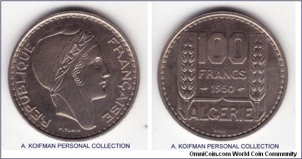 KM-E3, 1950 Algeria 100 francs; essai, copper-nickel, reeded edge; mintage 1,500, decent uncirculated for a copper nickel issue.