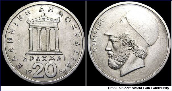 Greece - 20 Drachmes - 1980 - Weight 11 gr - Copper / Nickel - Size 29 mm - President / Constantine Karamanlis - Subject / Pericles - Obverse / The Parthenon - Mintage 17 562 000 - Edge lettering : In Greek - Reference KM# 120