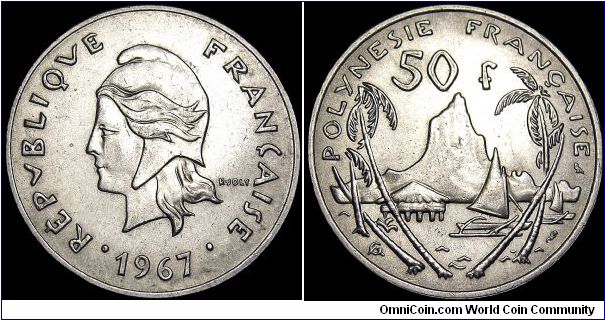 French Polynesia - 50 Francs - 1967 - Weight 15 gr - Nickel - Size 33 mm - Designer Obverse / R. Joly - Designer Reverse / A. Guzman - Mintage 600 000 - Edge : Reeded - Reference KM# 7