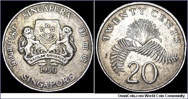 Singapore - 20 Cents - 1990 - Weight 5,65 gr - Copper / Nickel - Size 23,6 mm - President / Wee Kim Wee - Reverse / Powder-Puff plant - Mintage 49 958 000 - Edge : Reeded - Reference KM# 52