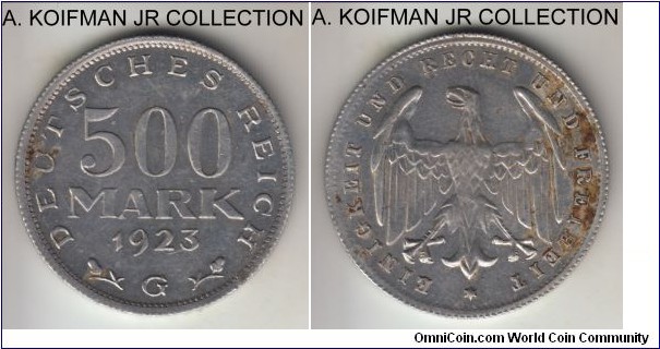 KM-36, 1923 Germany (Weimar Republic) 500 mark, Karlsruhe mint (G mintmark); aluminum, reeded edge; dirty but scarcer mint mark, looks extra fine or so