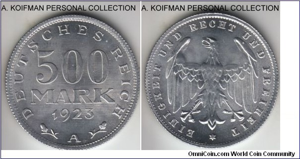 KM-36, 1923 Germany (Weimar Republic) 500 mark, Berlin mint (A mintmark); aluminum, reeded edge; brilliant uncirculated, common year.