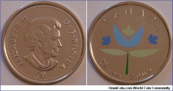Canada, 25 cents, 2009 Thank you, coloured coin