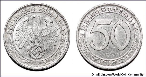 GERMANY (THIRD REICH)~50 Reichspfennig (Nickel) 1938 B. Mint: Vienna.