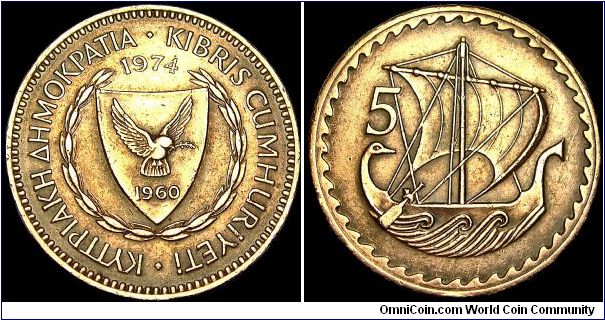Cyprus - 5 Mils - 1974 - Weight 5,6 gr - Bronze - Size 25,5 mm - President / Glafkos Klerides - Mintage 2 500 000 - Edge : Plain - Reference KM# 39