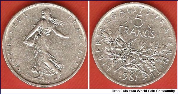 5 francs
La semeuse (the sewer) of Louis Oscar Roty
0.835 silver