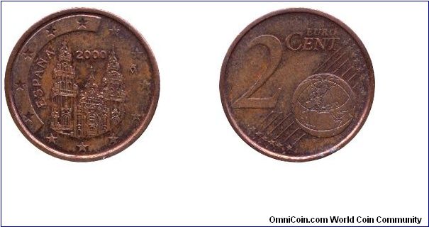 Spain, 2 cents, 2000, Cu-Steel, 18.75mm, 3.06g, Cathedral of Santiago de Compostela.                                                                                                                                                                                                                                                                                                                                                                                                                                