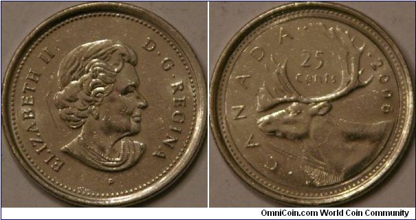 25 cents, caribou, last year with 'P' under queen, 23.5 mm, Cu-Ni