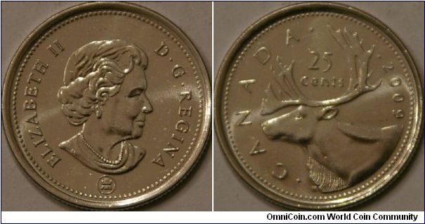 25 cents, caribou, new symbol under queen which first appeared in 2006, 23.5 mm, Cu-Ni