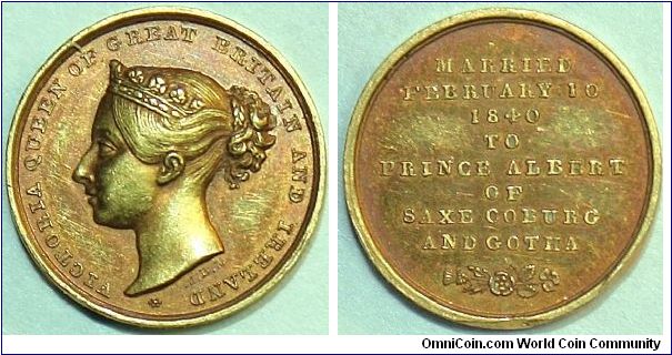 VICTORIA QUEEN OF GREAT BRITAIN AND IRELAND * J. B. M. Rev. MARRIED FEBRUARY 10 1840 TO PRINCE ALBERT OF SAX COBURG AND GOTHA.
11mm Gold Medal by J. B. Merlen(or Merlin) BHM#1916 RRRR. Highest rarity in BHM.